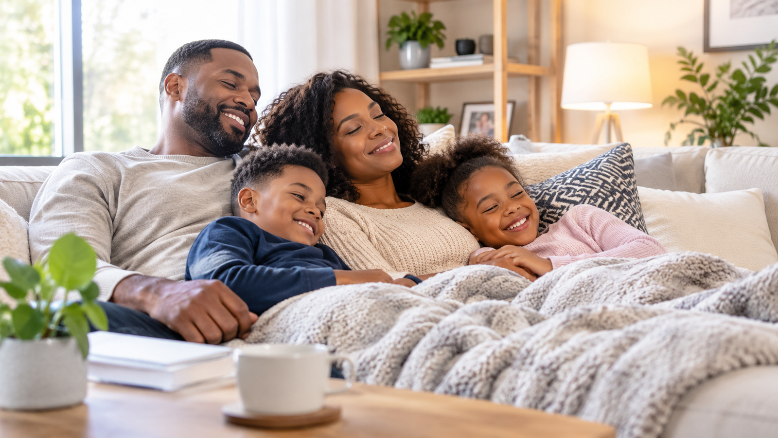 Family relaxing together on a sofa in a cozy living room