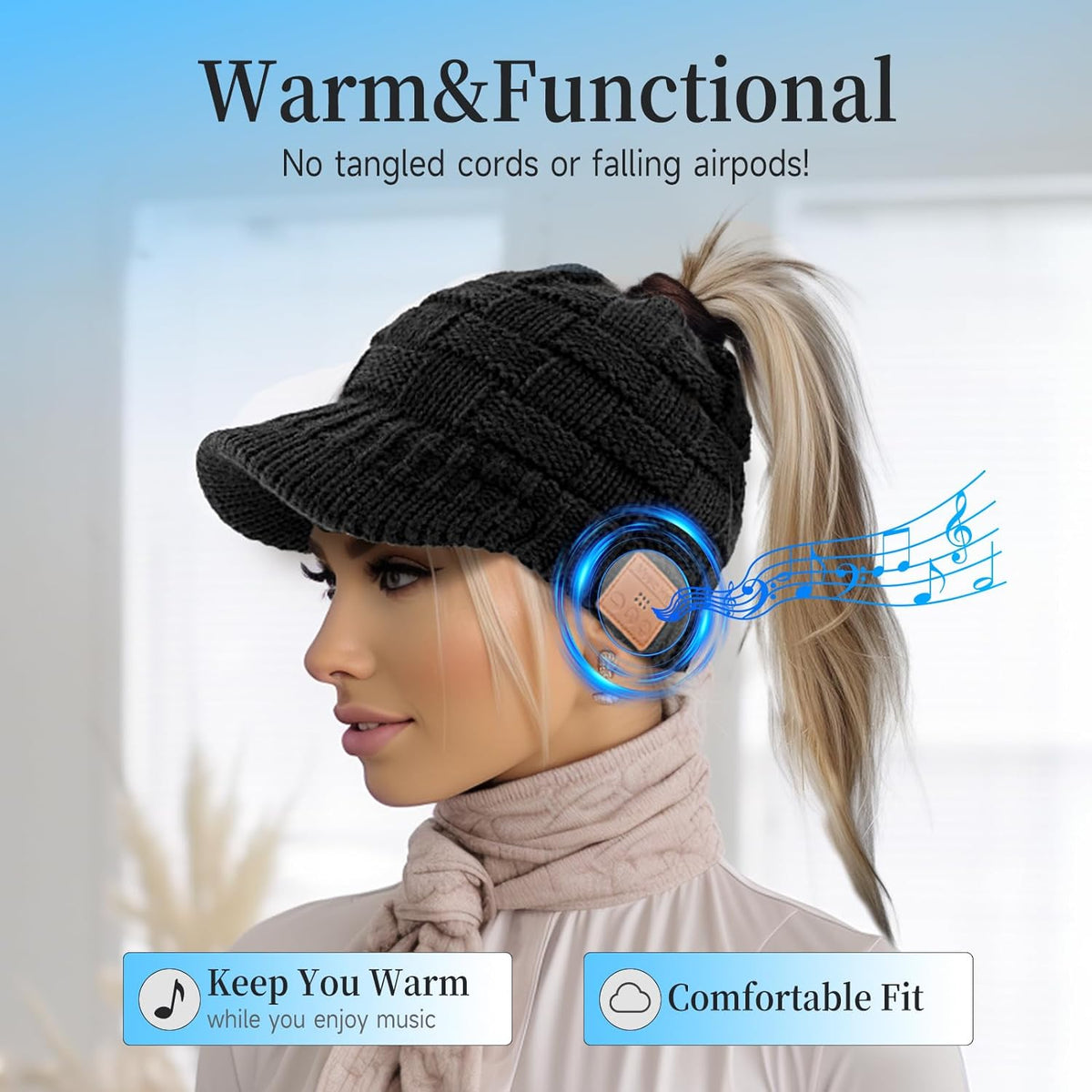 Beanie for Women with Ponytail Hole -Bluetooth Headphones