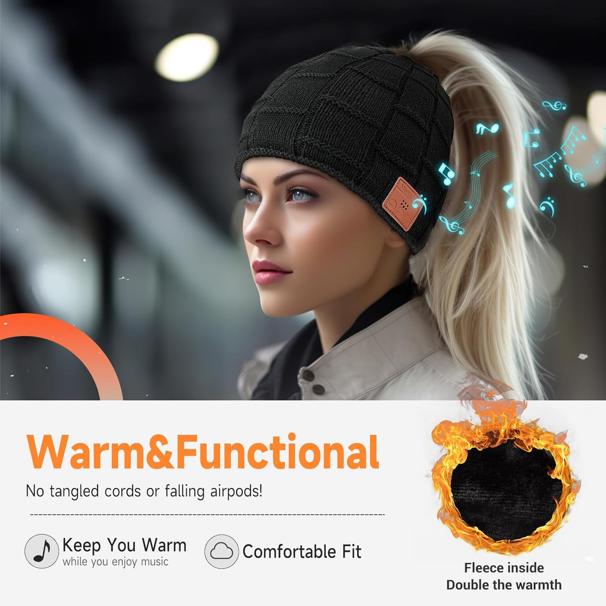 Beanie for Women with Ponytail Hole -Bluetooth Headphones