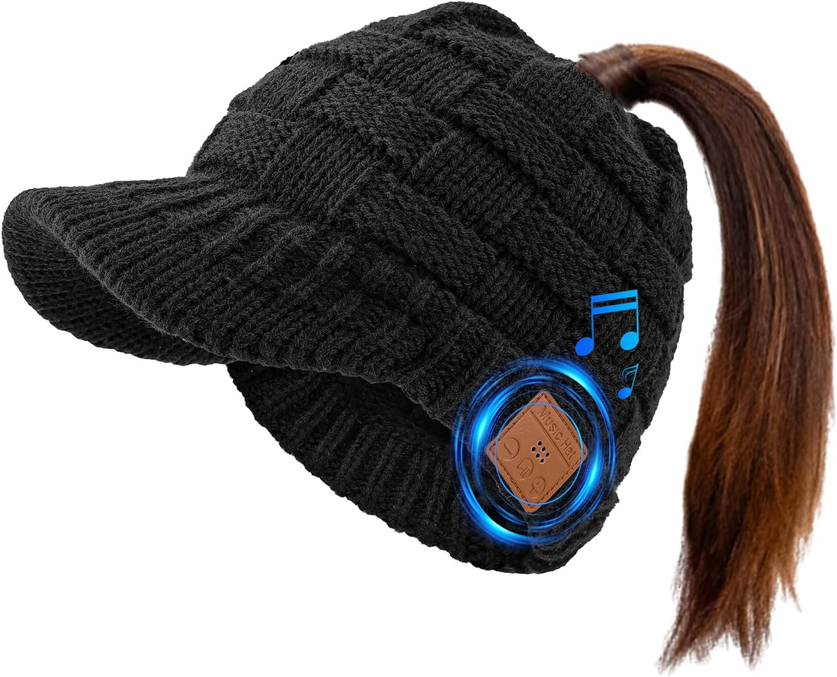 Beanie for Women with Ponytail Hole -Bluetooth Headphones