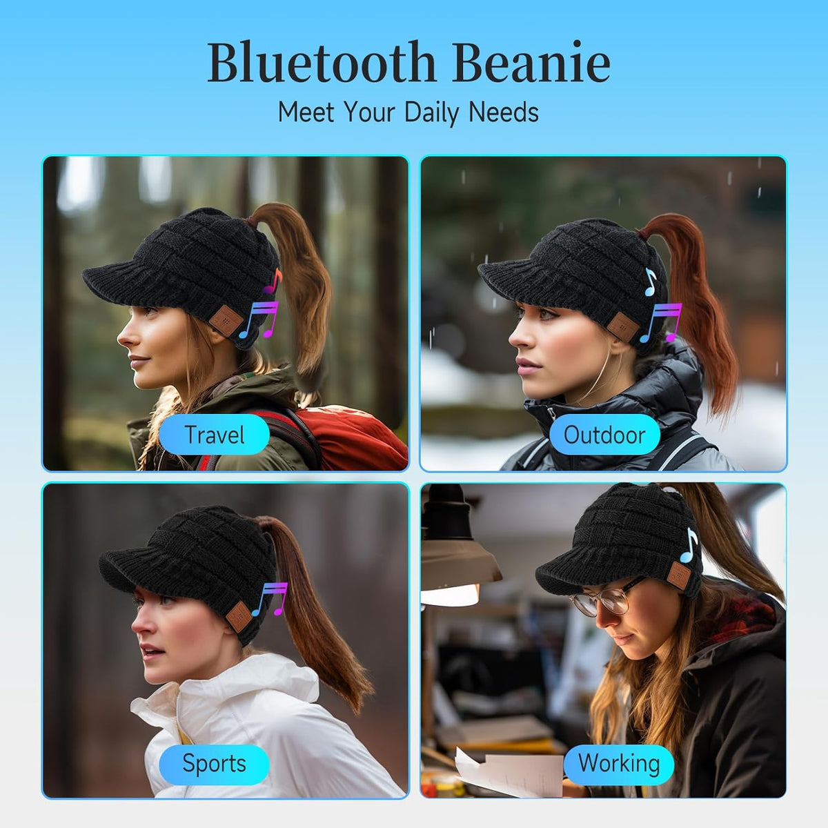Beanie for Women with Ponytail Hole -Bluetooth Headphones