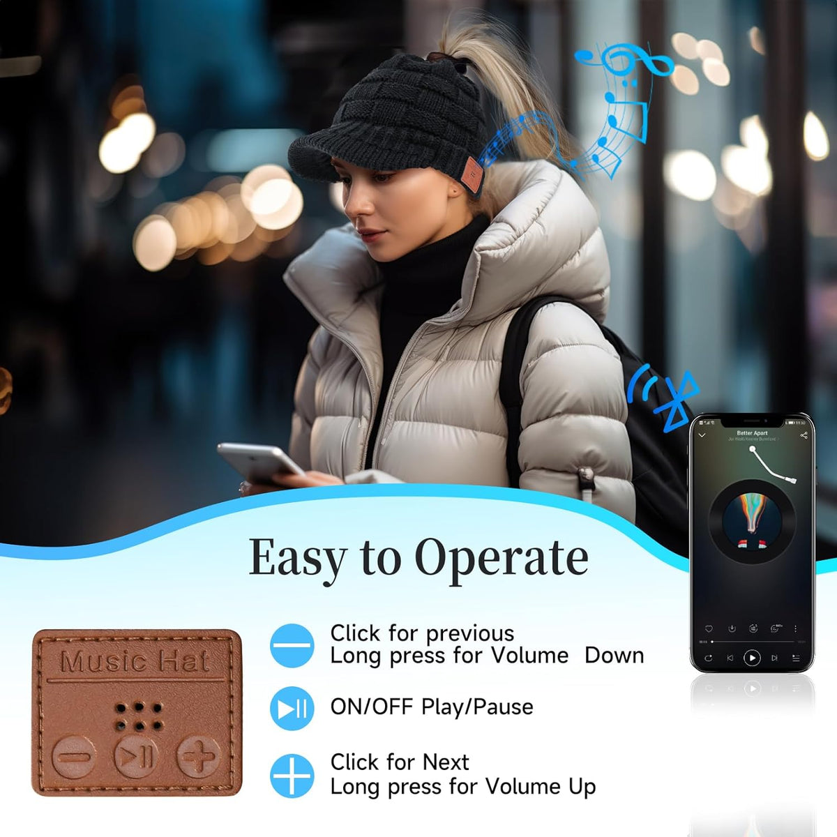 Beanie for Women with Ponytail Hole -Bluetooth Headphones