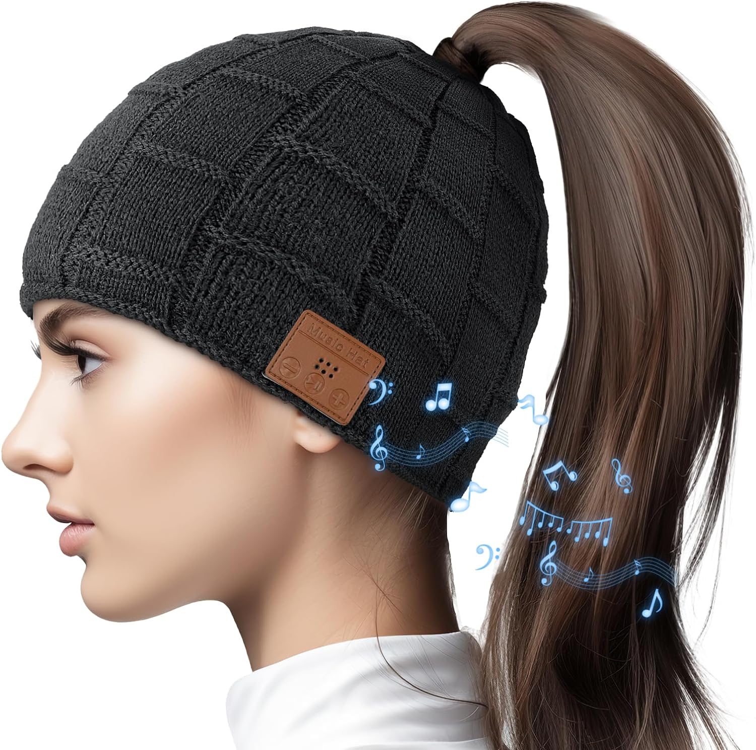 Beanie for Women with Ponytail Hole -Bluetooth Headphones