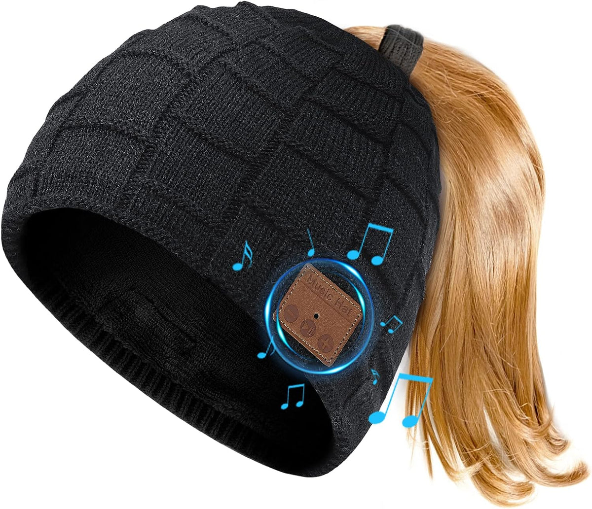 Beanie for Women with Ponytail Hole -Bluetooth Headphones